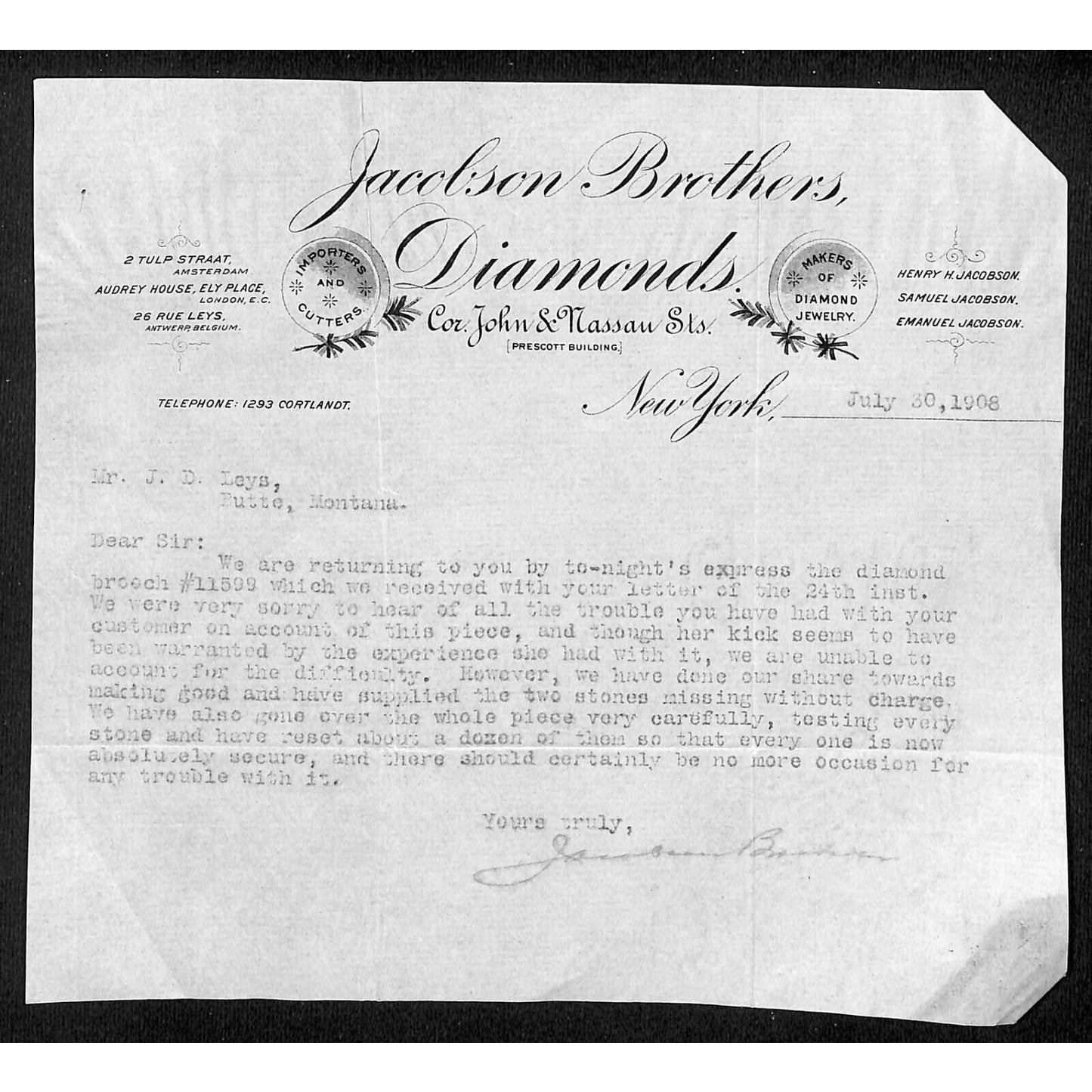 New York, NY Jackson Brothers Diamonds 1908 Letterhead Leys Jewelers Butte, MT