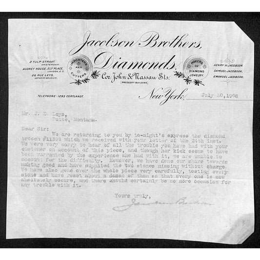 New York, NY Jackson Brothers Diamonds 1908 Letterhead Leys Jewelers Butte, MT