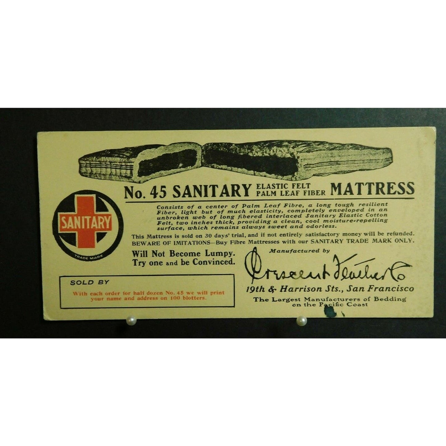 1930's Ink Blotter Advertising - Palm Leaf Fiber Sanitary Mattress - San Fran