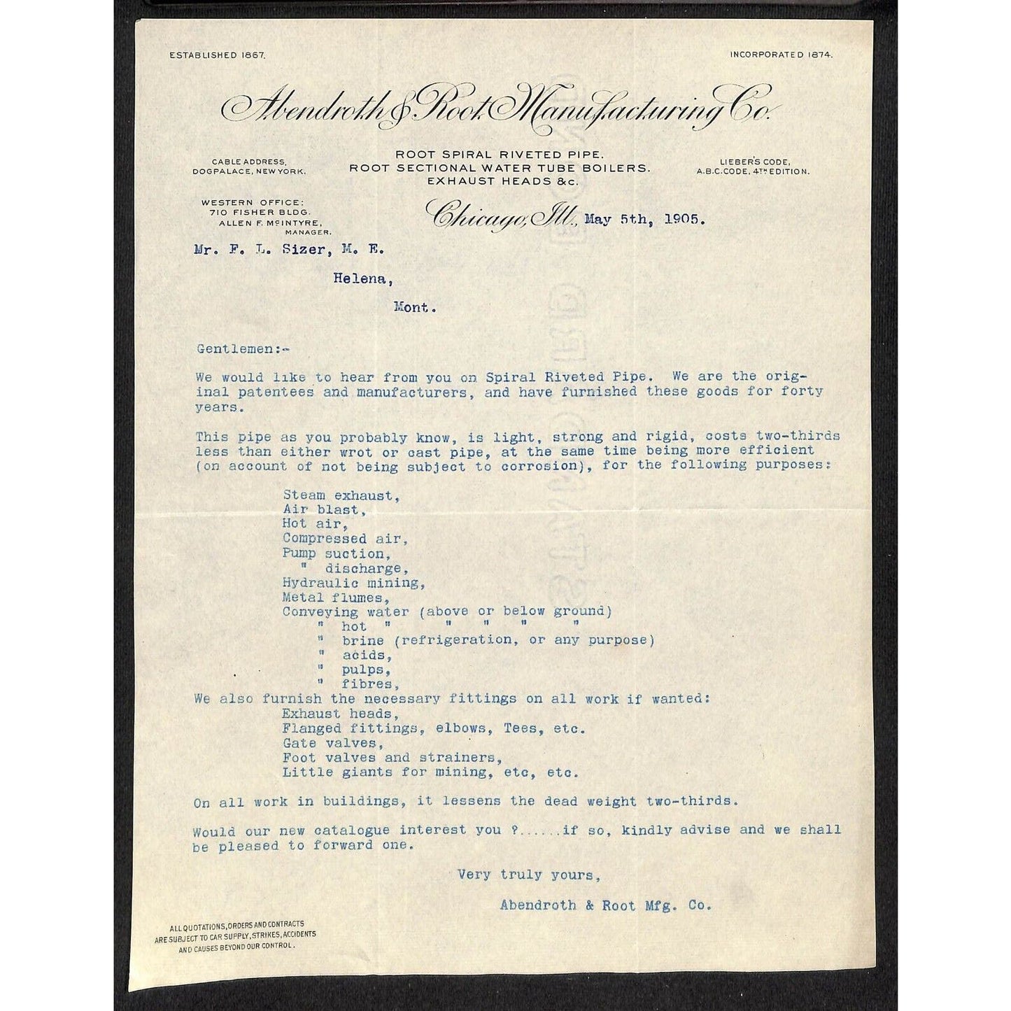Chicago, IL Abendroth & Root Water Tube Boilers Manufacturing 1905 Letterhead