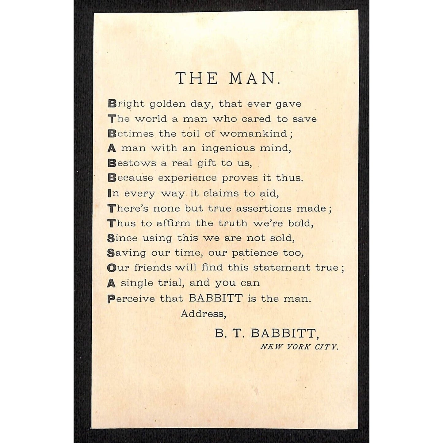 Babbitt's Soap Victorian Trade Card Boy in Fancy Outfit Stands on Case of Soap.