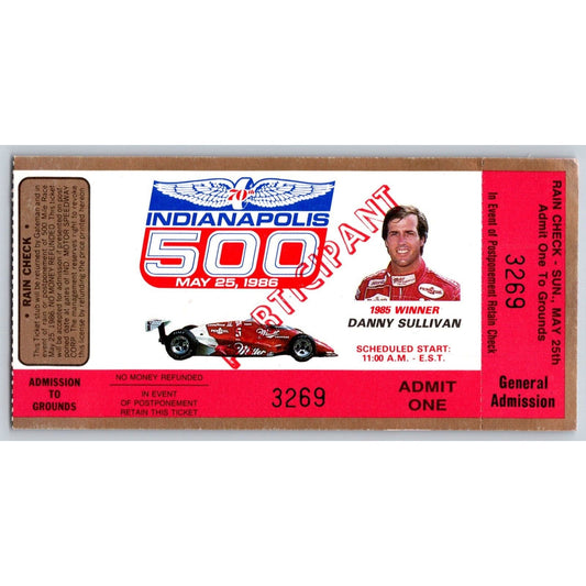 1986 Indy 500 Participant Ticket Stub #3269 - Ron Burton Estate