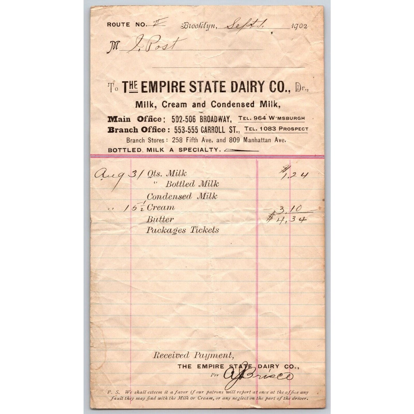 Empire State Dairy Brooklyn, NY Sept. 1902 Billhead to: Isaac Post VGC