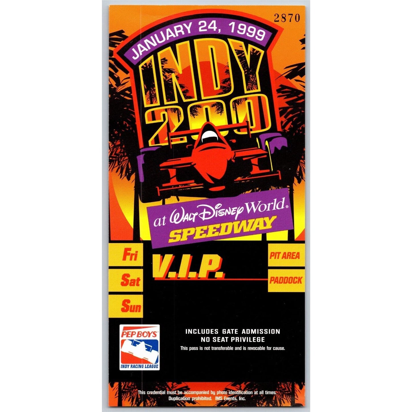 1999 Indy 200 Walt Disney World Speedway VIP Pit Paddock Pass VGC #2870