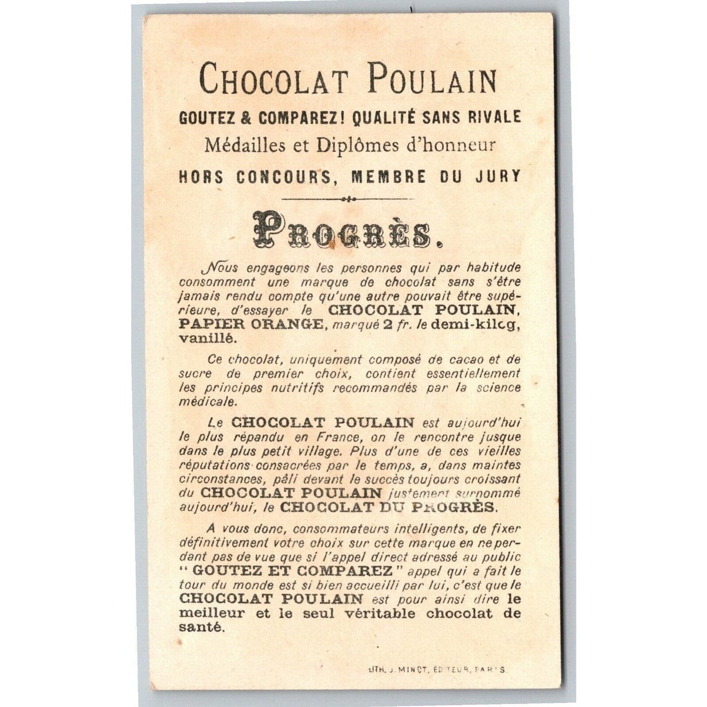 French Victorian Trade Card Chocolat Poulin "Les Grands Boulevards"