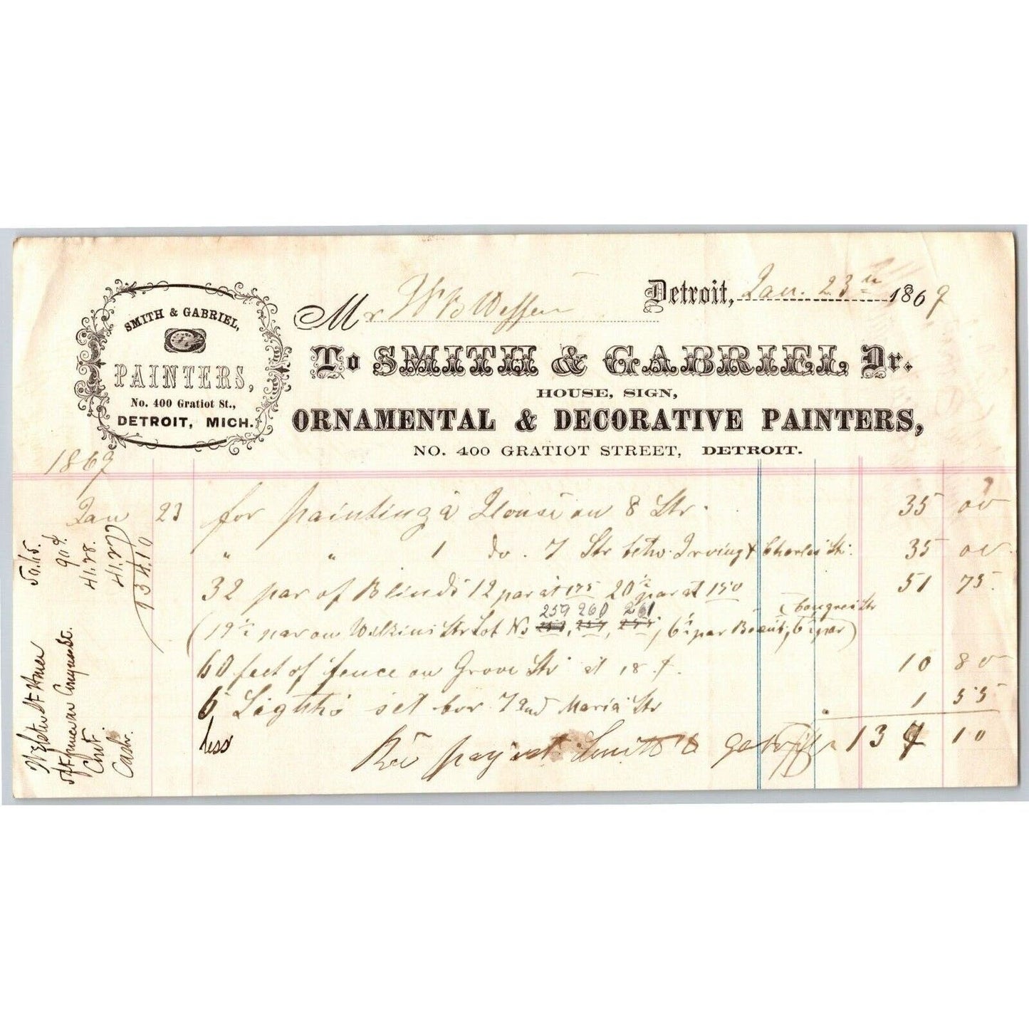 Detroit Letterhead Smith & Gabriel Ornamental & Decorative Painters 1869
