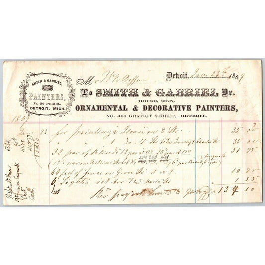 Detroit Letterhead Smith & Gabriel Ornamental & Decorative Painters 1869