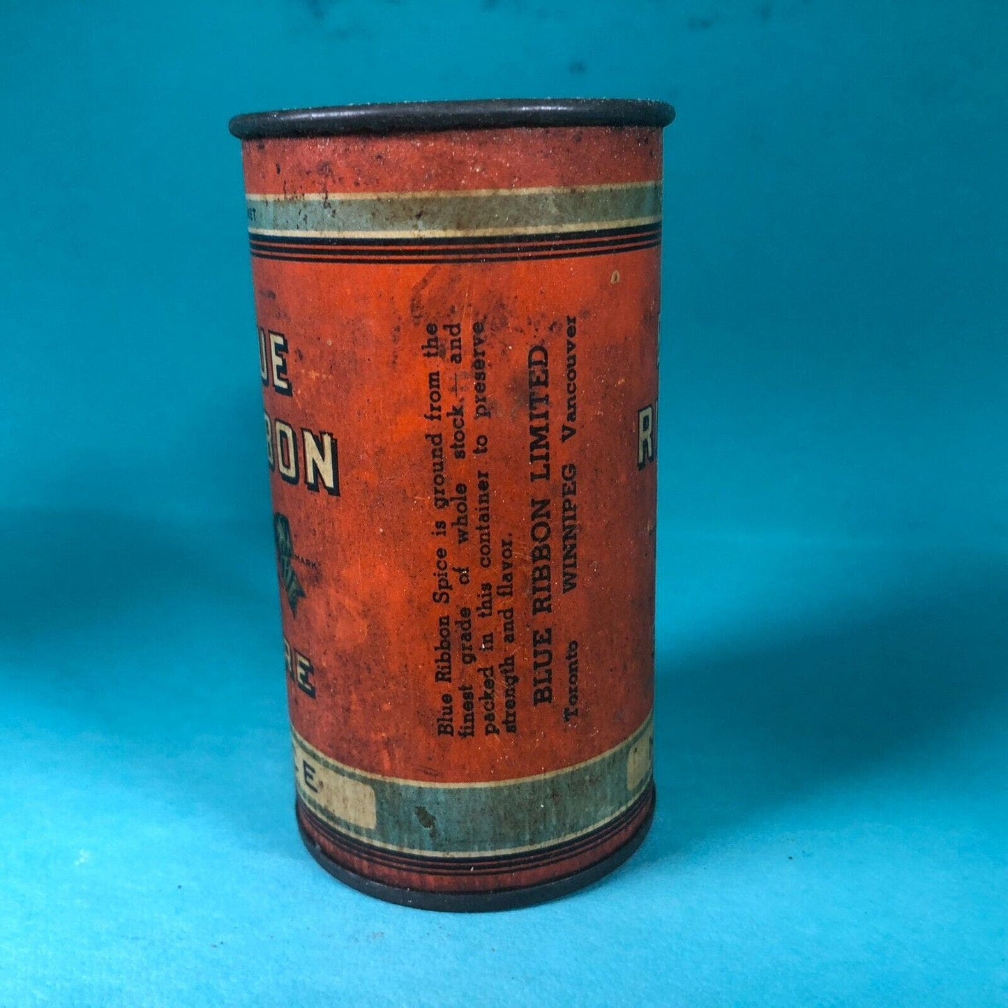 Blue Ribbon Mace Tin Canadian 3"h Fiber Body c1920's-30's Scarce