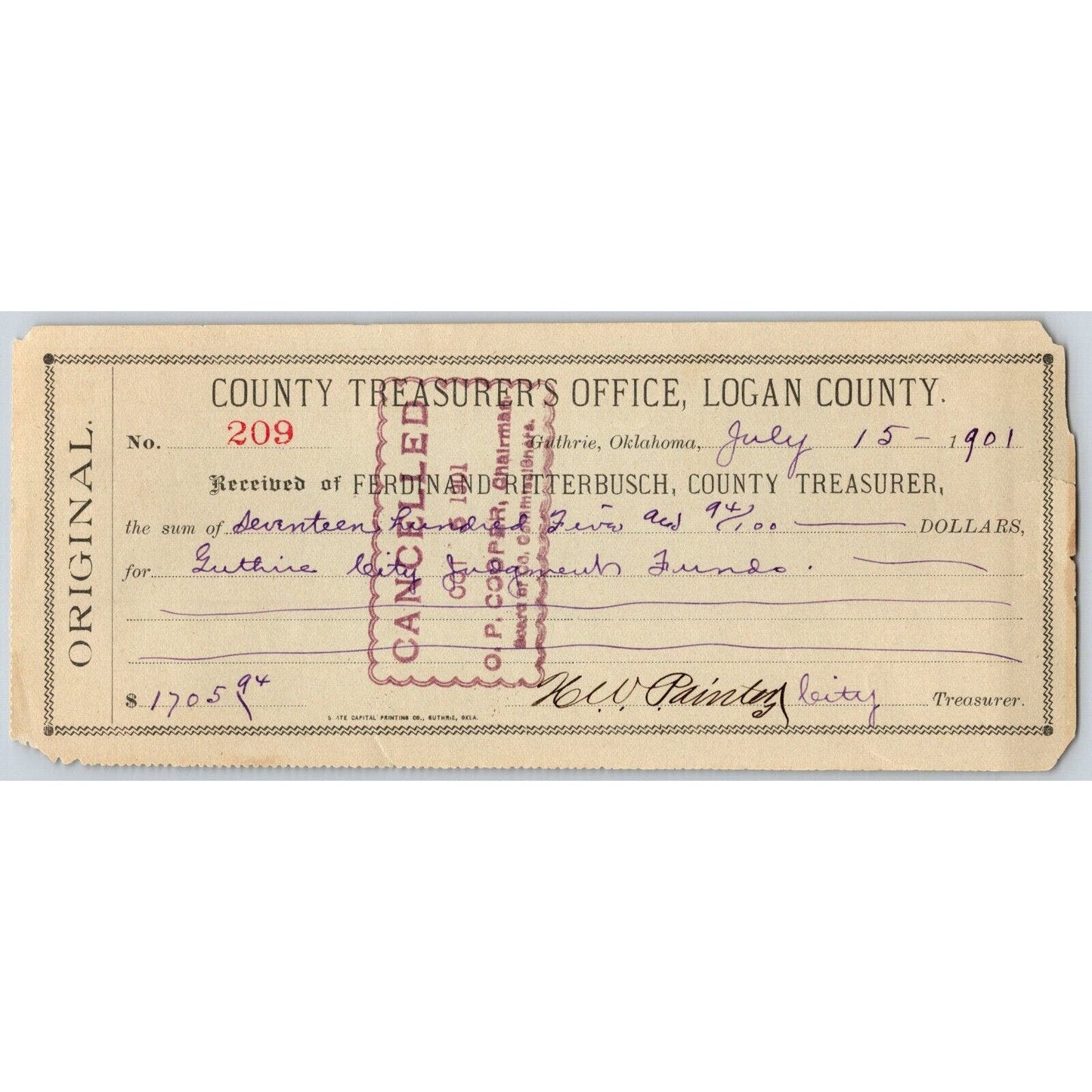 Guthrie, Oklahoma 1901 County Treasurer's Office Payment Receipt - Scarce