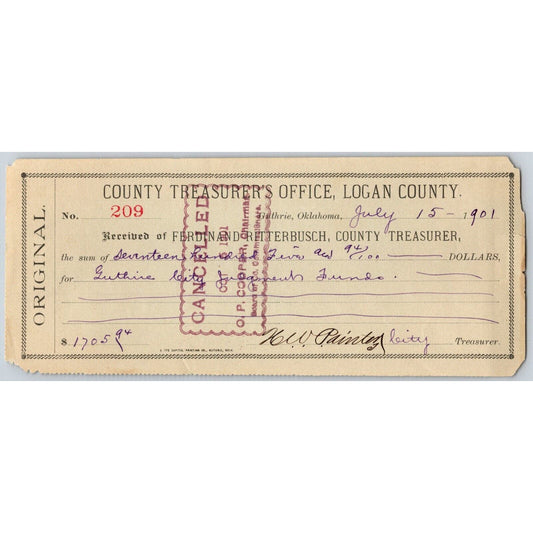 Guthrie, Oklahoma 1901 County Treasurer's Office Payment Receipt - Scarce