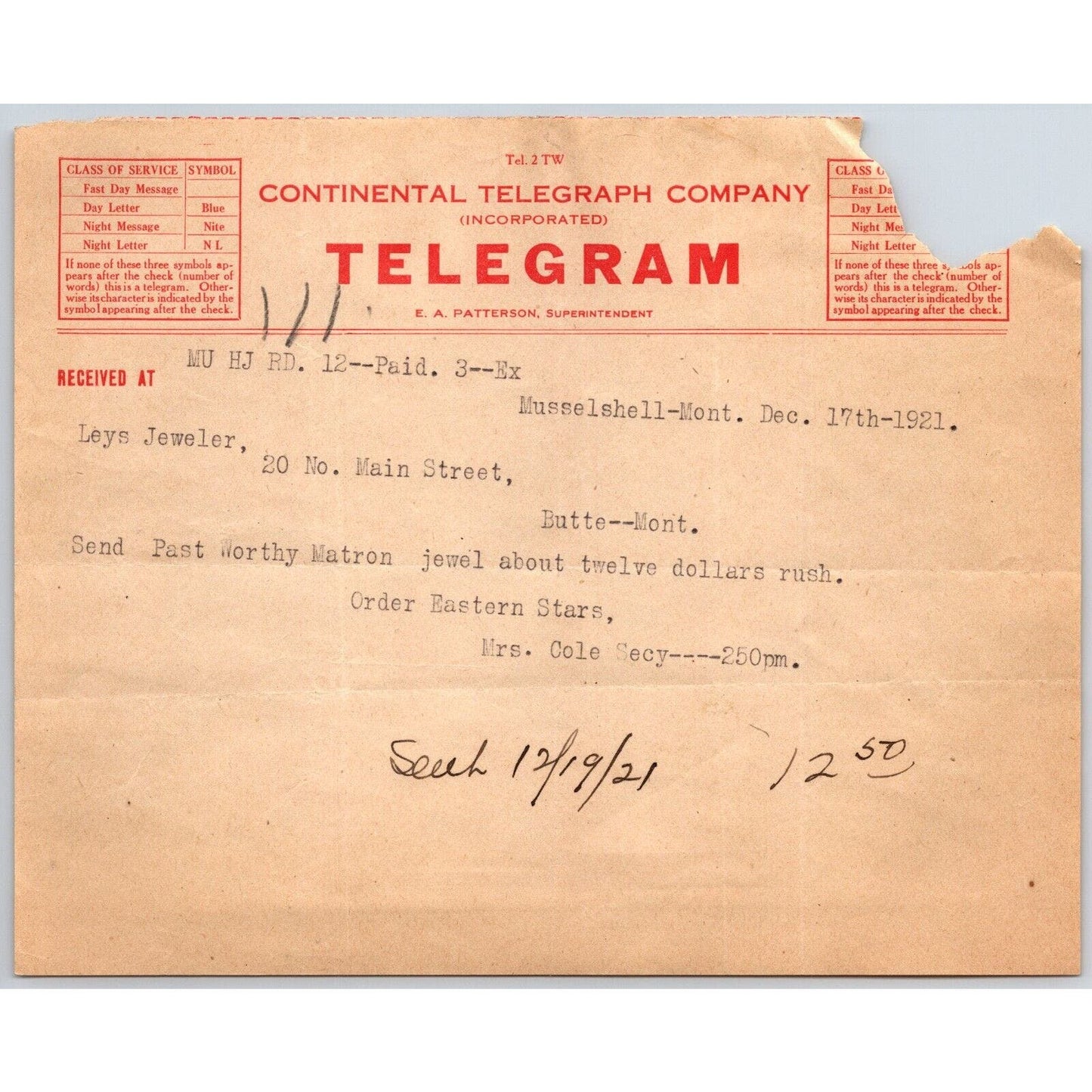 "Leys" Jewelers Butte, MT 1921 Continental Telegram "$12.50 Rush"