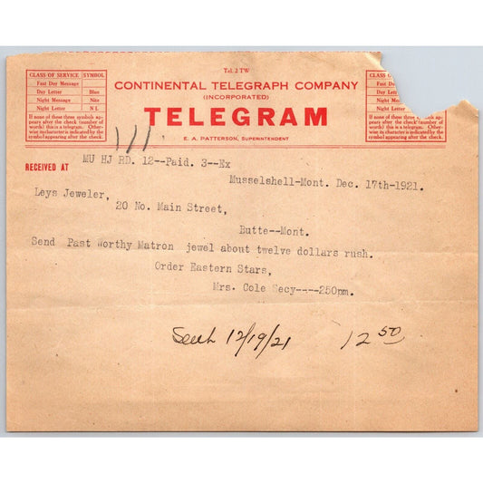 "Leys" Jewelers Butte, MT 1921 Continental Telegram "$12.50 Rush"