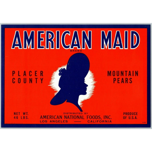 American Maid Pears Vintage Original Paper Fruit Crate Label Placer County