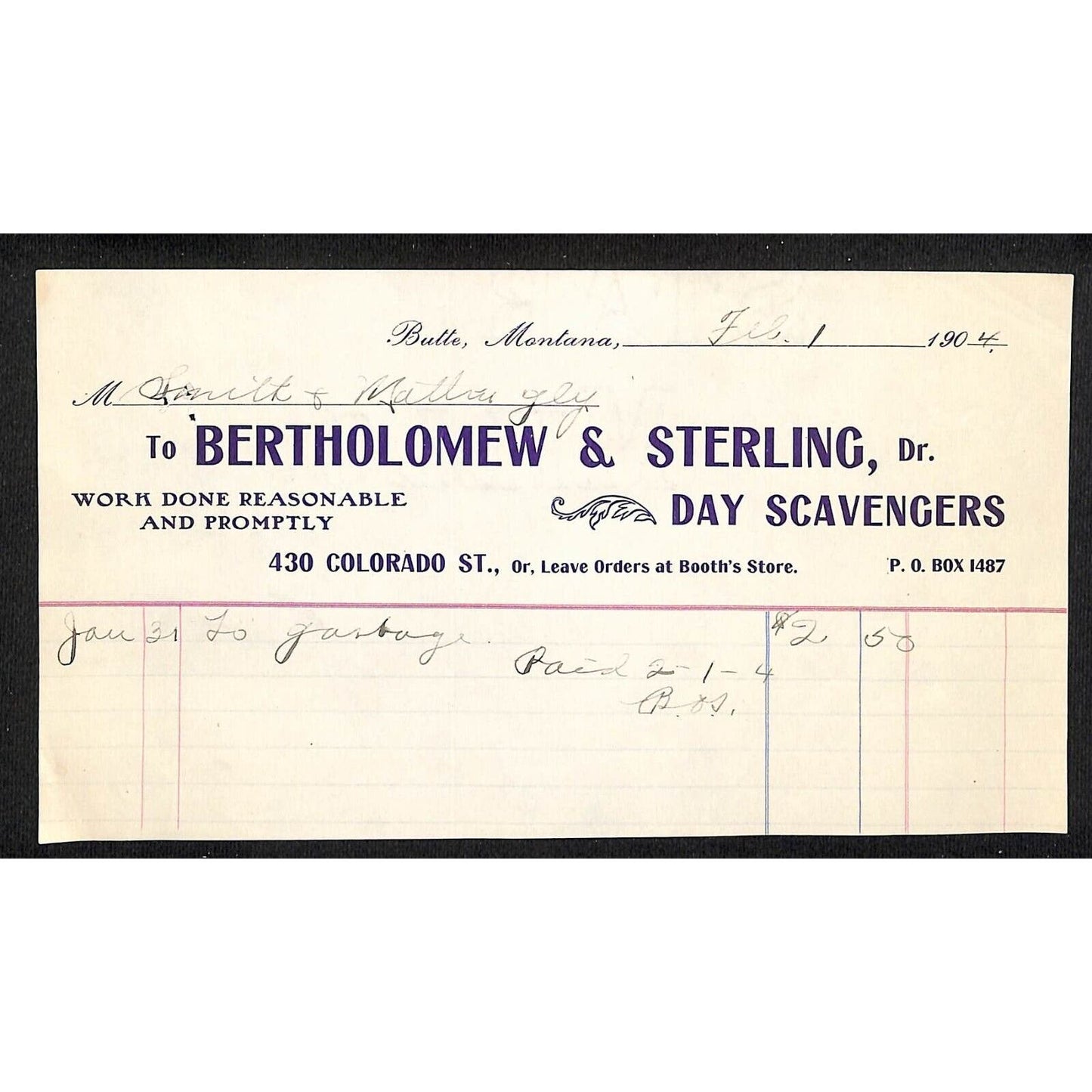 Butte, MT Bertholomew & Sterling "Day Scavengers" 1904 Billhead