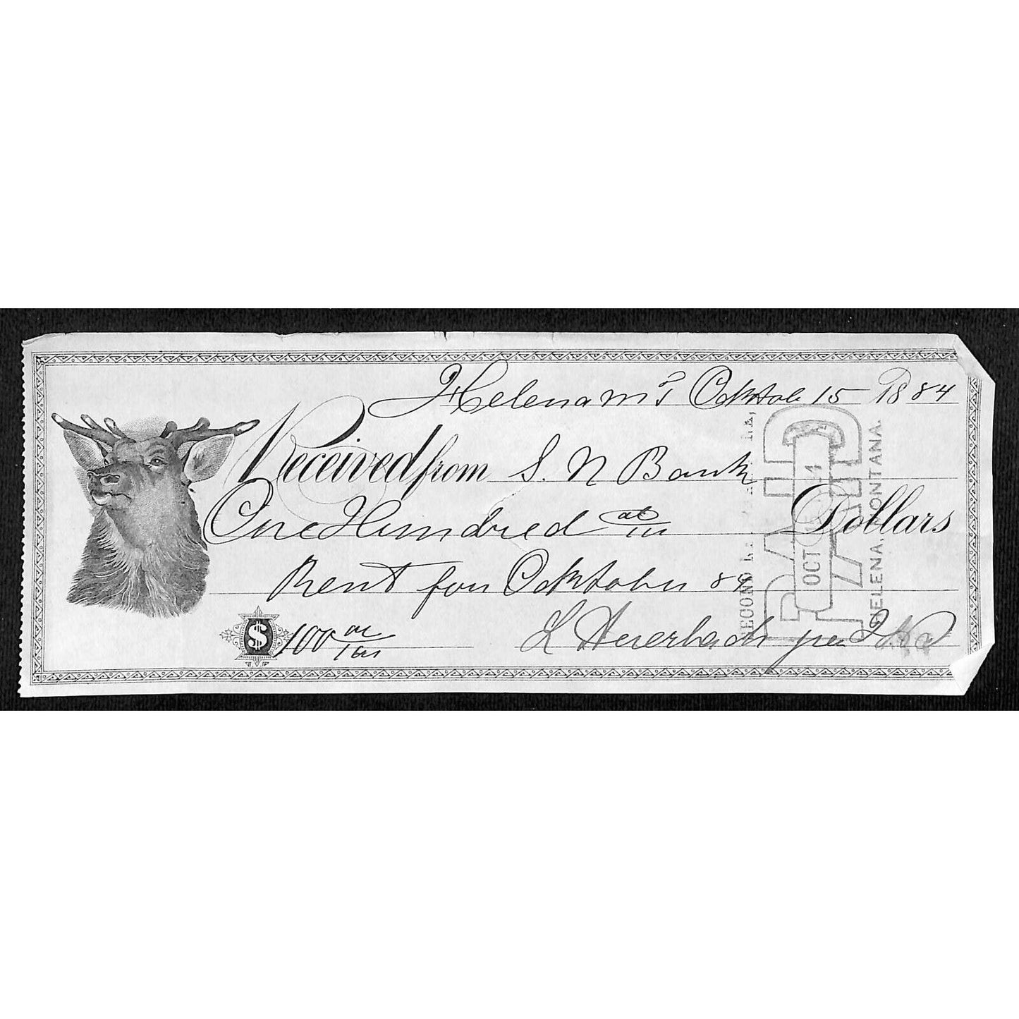 Helena Montana 1884 $100 Payment Receipt w/ Illustrated Deer / Buck Head