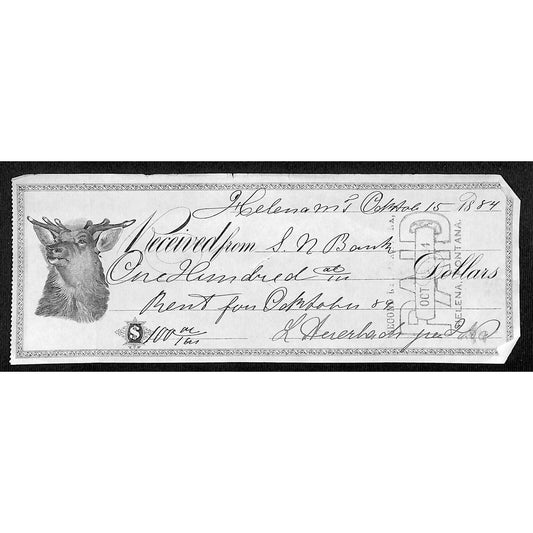 Helena Montana 1884 $100 Payment Receipt w/ Illustrated Deer / Buck Head