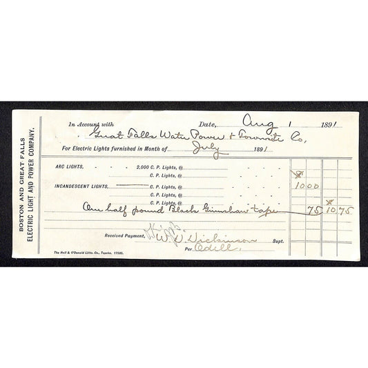 Boston and Great Falls Montana Electric Light and Power Co. 1891 Receipt