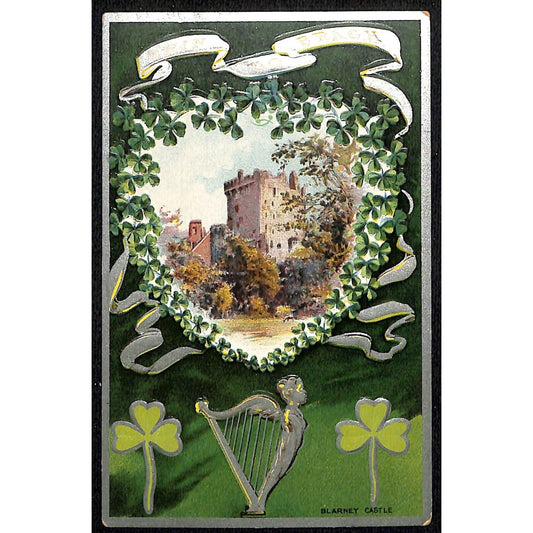 Ireland Postcard Erin Go Bragh Clover Castle Harp Embossed Gilt NP c1910-15