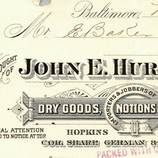 1898 $6.75 Letterhead Billhead John E. Hurst Notions Baltimore Ephraim Baker*