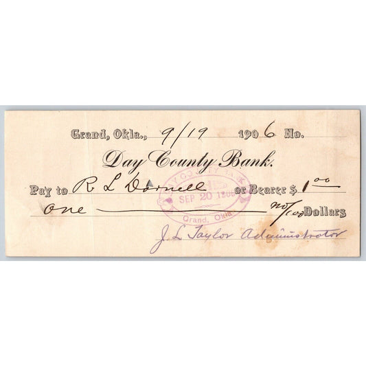 Grand, Oklahoma Day County* Territorial 1906 "Day County Bank" $1 Check - Scarce