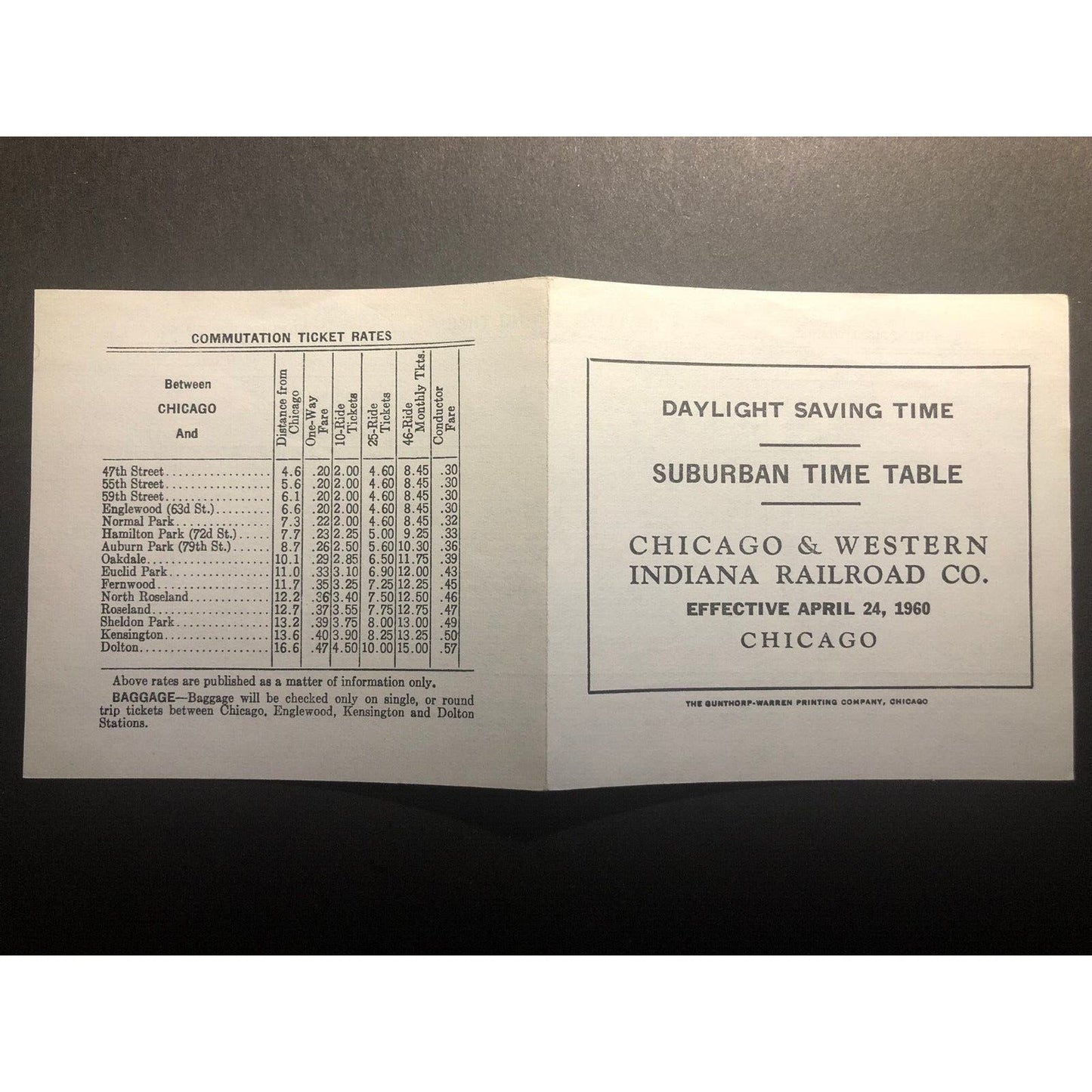 1960 Chicago & Western Indiana Railroad Suburban Time Table Daylight Savings VGC