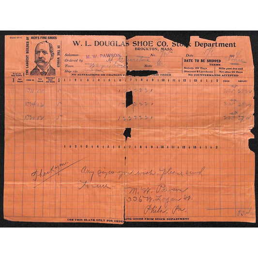 Brockton, MASS W.L. Douglas Shoe Co. "Men's Fine Shoes" 1914 Order Form w/ Sizes