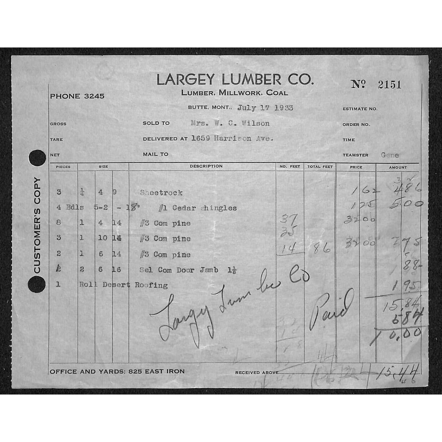Largey Lumber Coal Millwork Butte Montana 1933 Billhead Letterhead - Wilson Drug
