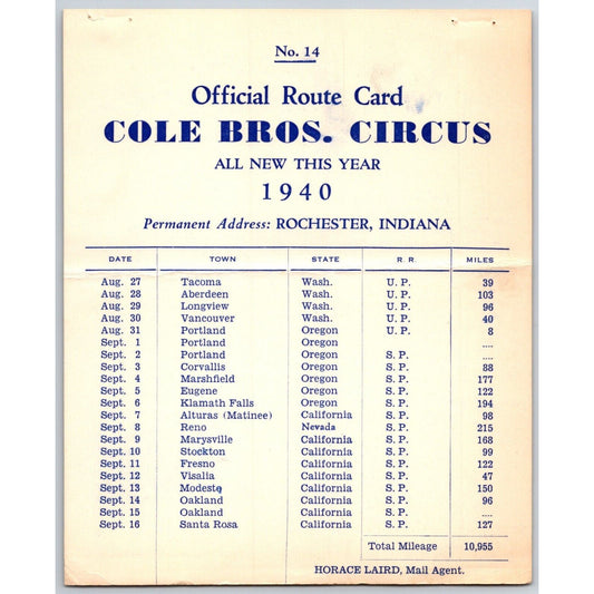 1940 Cole Bros Circus Route Card WA OR CA NV