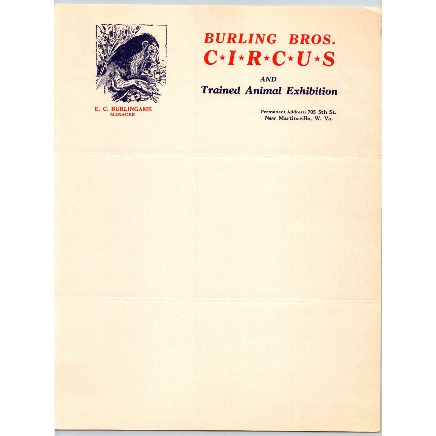 Burling Circus and Trained Animal Exhibition Letterhead c1950 Lion Scarce