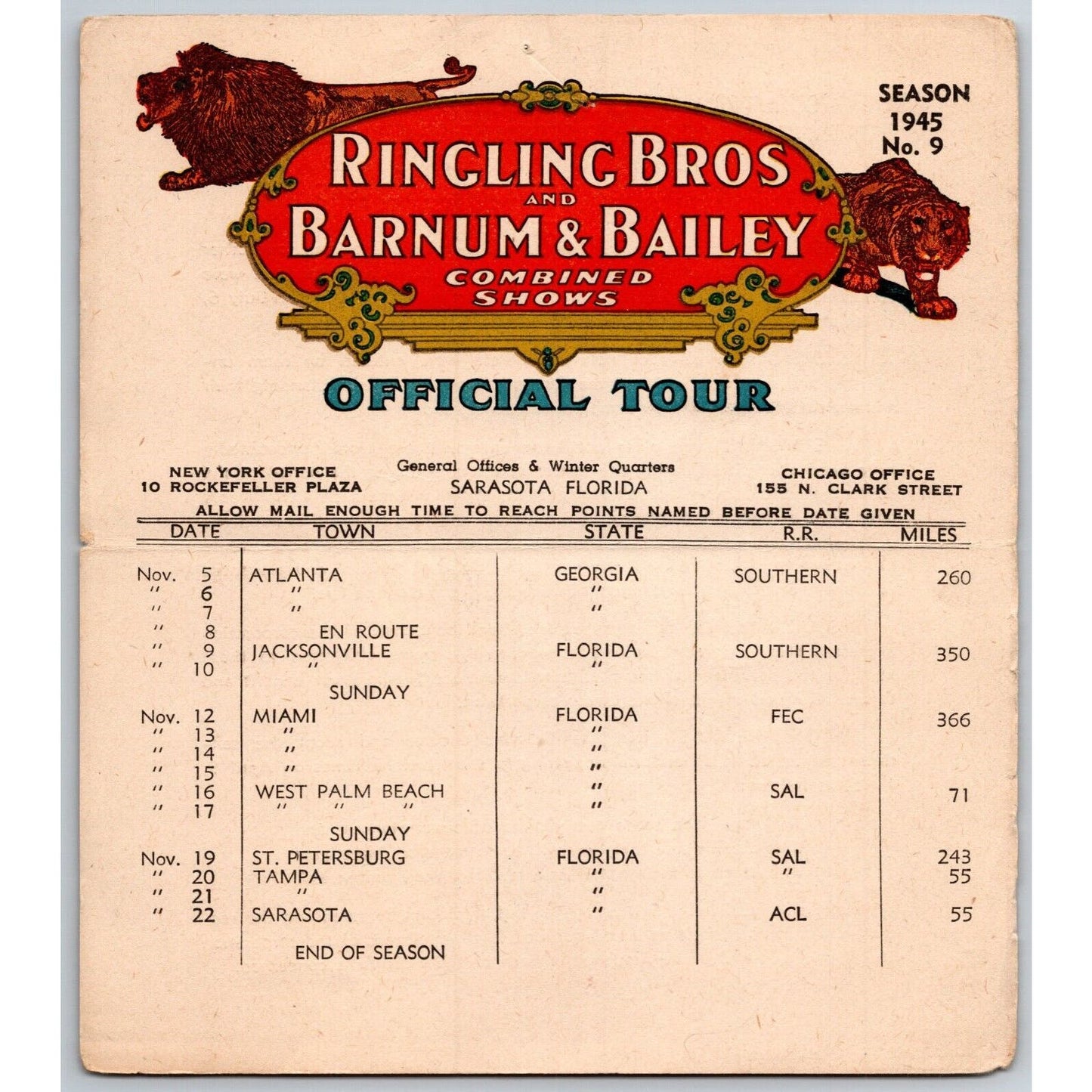 1945 Ringling Bros Barnum & Bailey Circus Route Card Atlanta Miami Tampa
