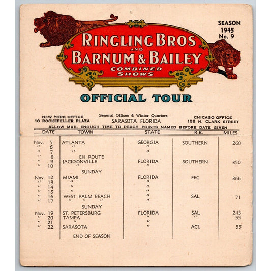 1945 Ringling Bros Barnum & Bailey Circus Route Card Atlanta Miami Tampa