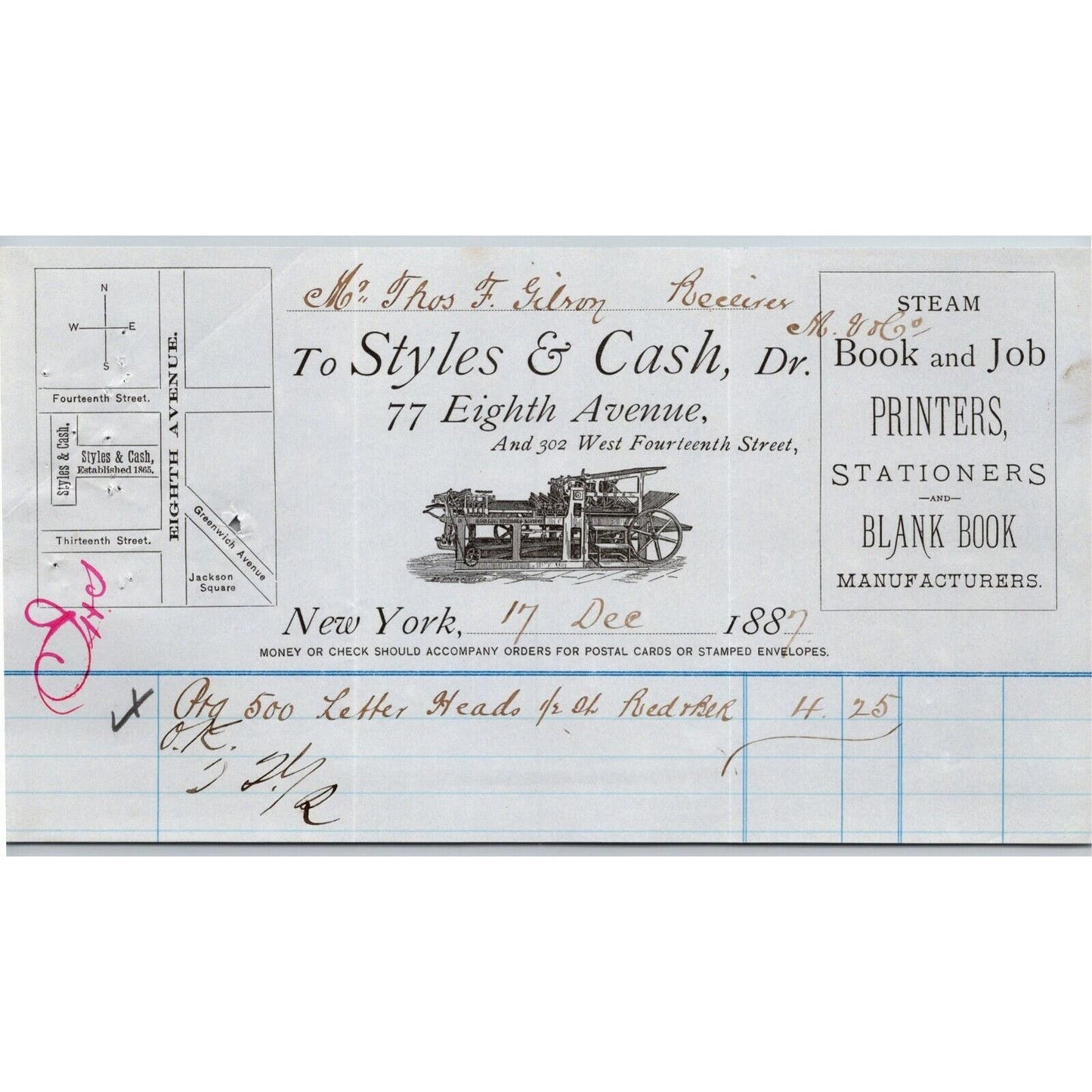 1887 Styles & Cash Book and Job Printers Billhead Letterhead 77 8th Ave NYC