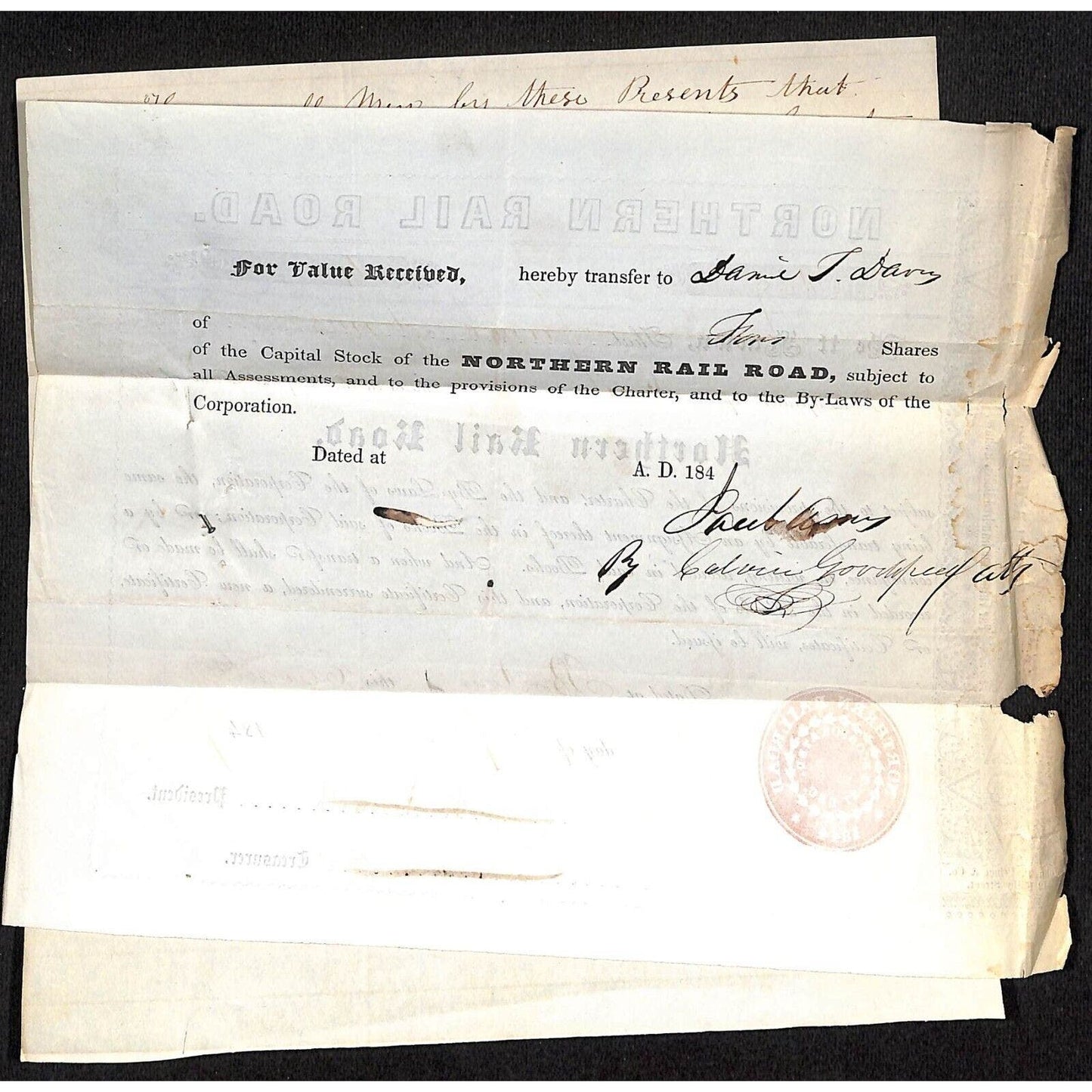 1847 Northern Railroad Stock Certificate w/ ALS Power Attorney Document w/Seal