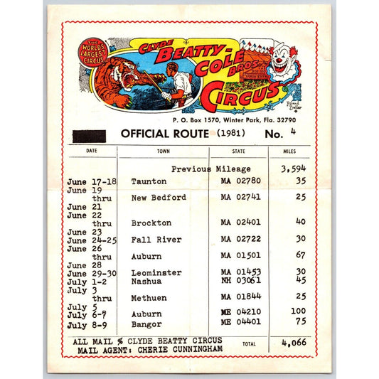 Beatty Cole Bros. Circus 1981 Route Card w/ Massachusetts & ME Stops