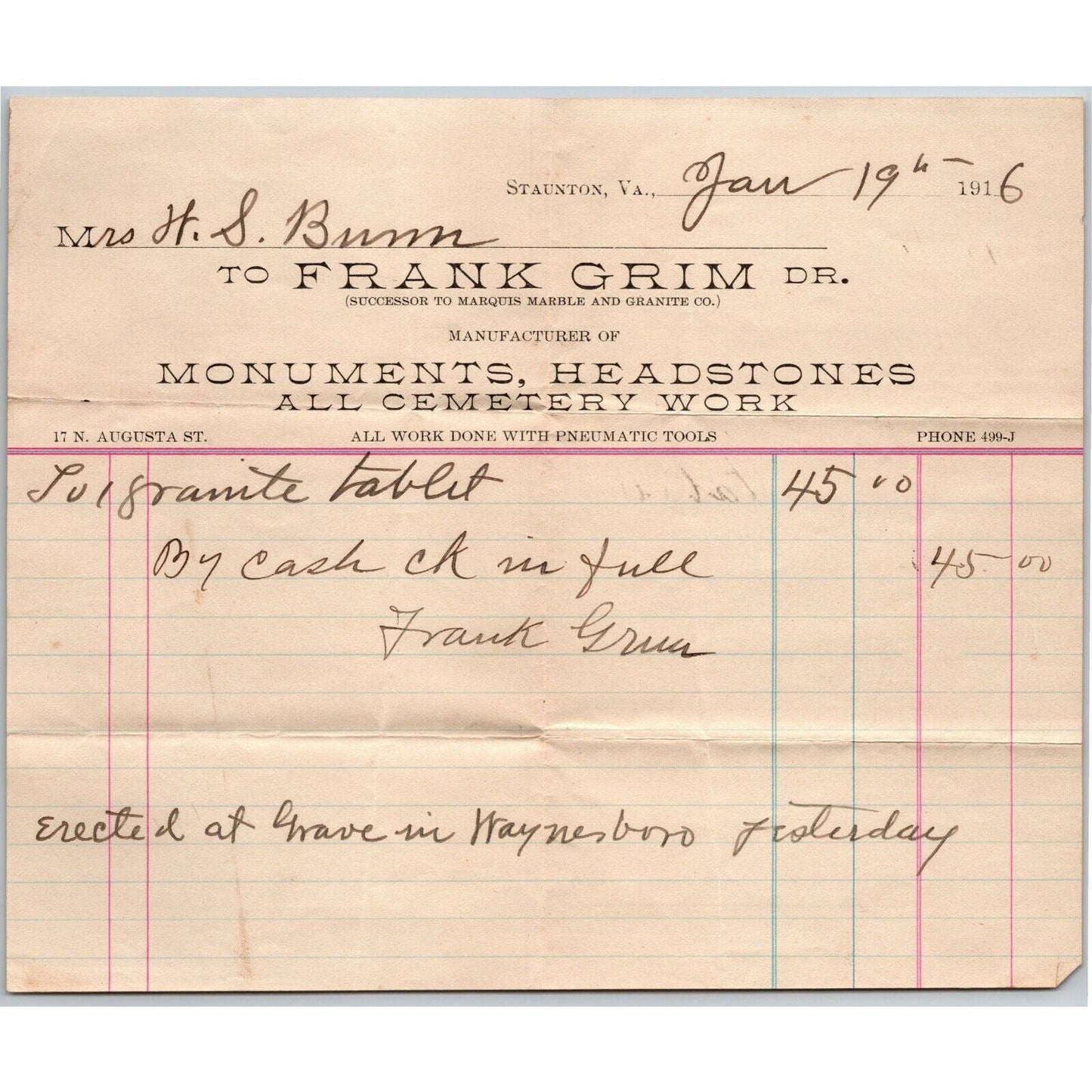 1916 Scarce Frank Grim Headstones Cemetery Work Staunton, VA Letterhead