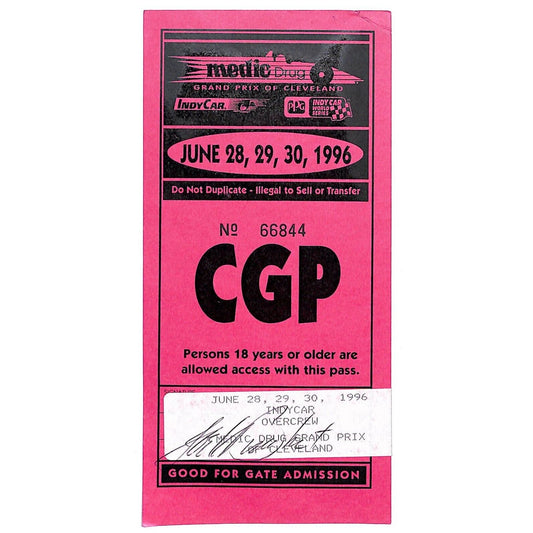1996 Grand Prix of Cleveland "CGP" IndyCar Overcrew Racing Parking Pass VGC