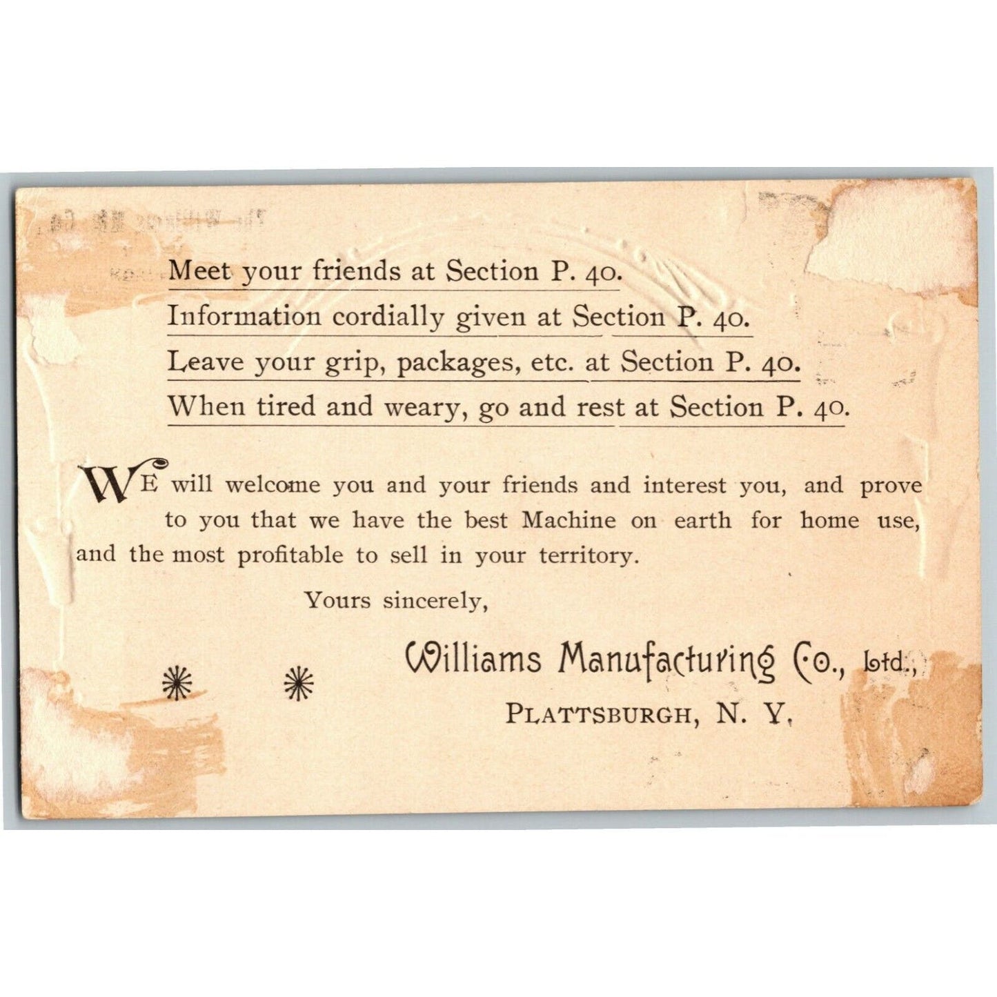 Scarce 1893 Chicago World's Fair Trade Card Williams Helpmate Sewing Machine