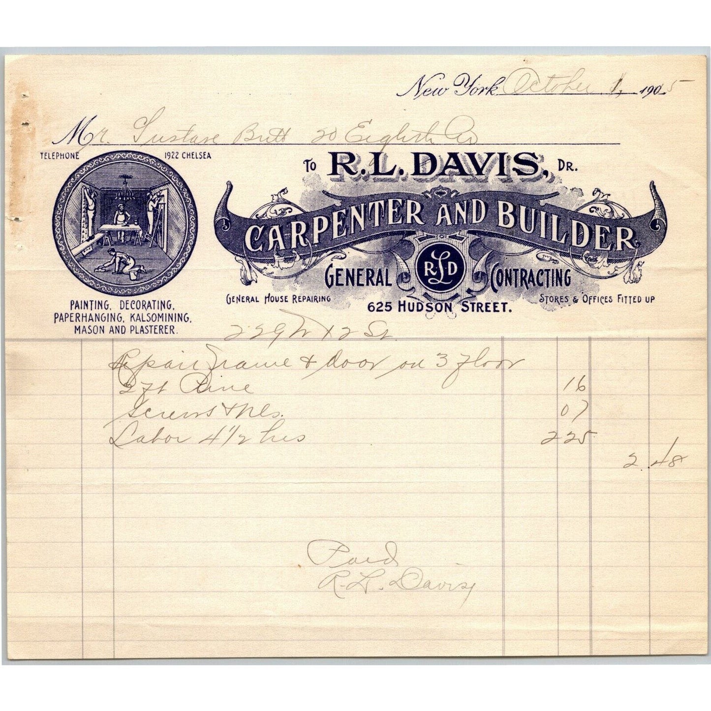 1905 "R. L. Davis, Carpenter and Builder" Billhead Letterhead Hudson St NYC