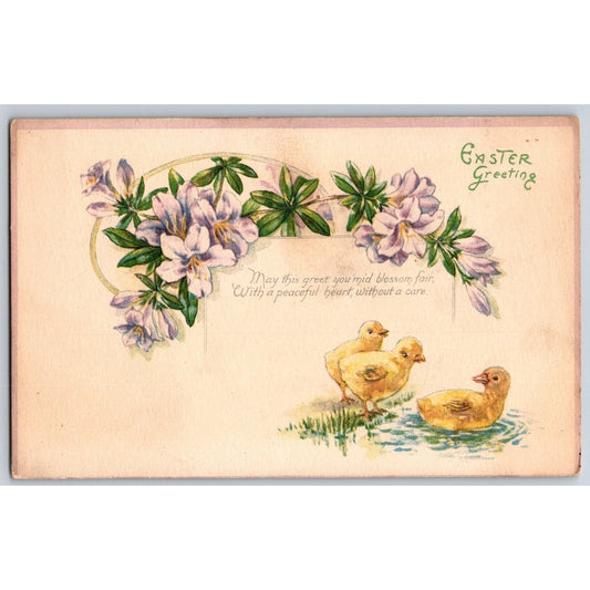Easter Postcard "Easter Greeting" Floral Poem Baby Chicks Pond NP - c1920
