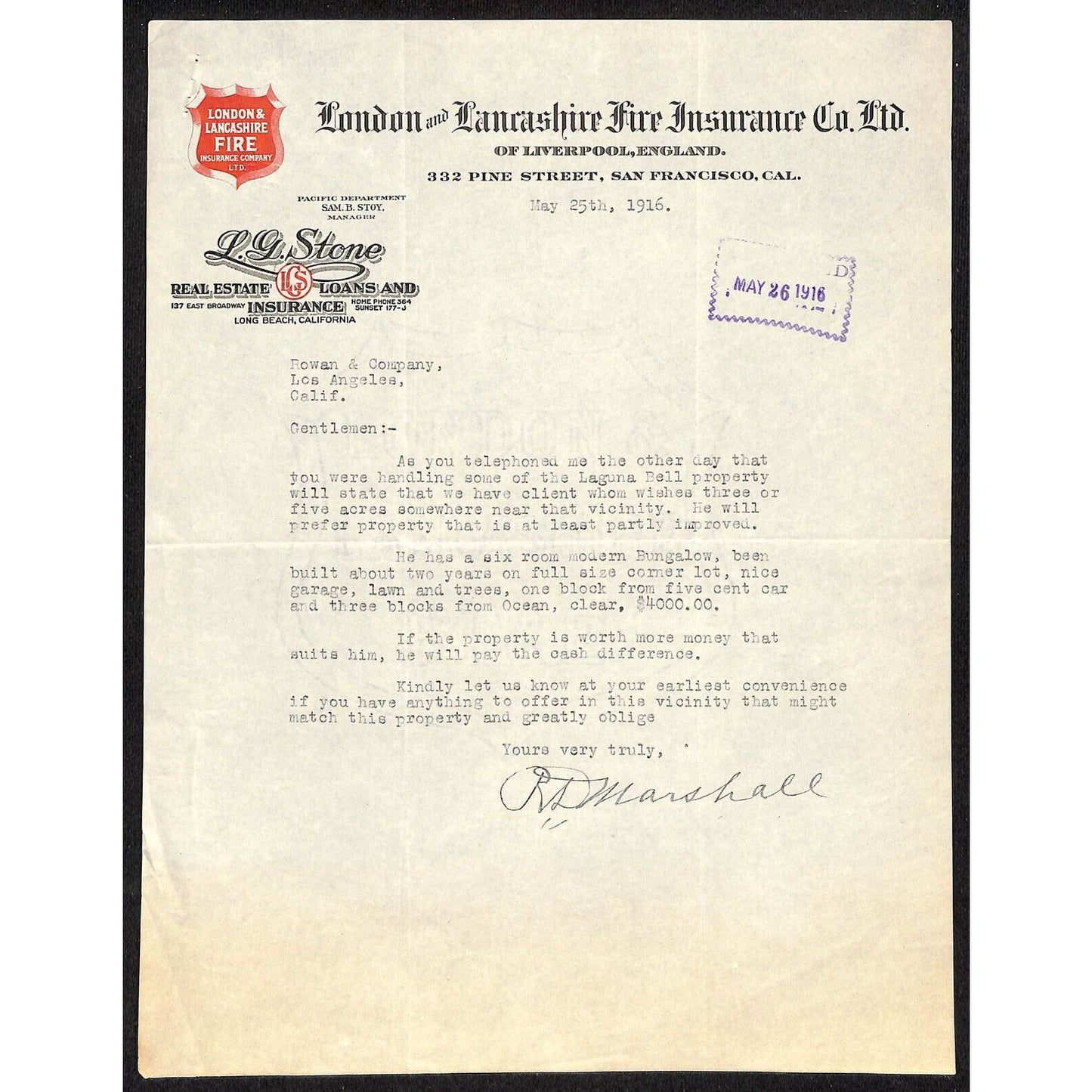London and Lancashire Fire Ins. Co. San Francisco 1916 Letterhead R.A. Rowan