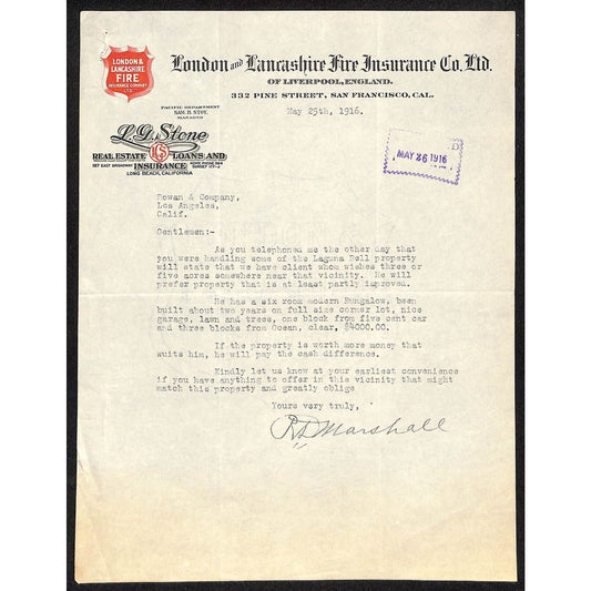 London and Lancashire Fire Ins. Co. San Francisco 1916 Letterhead R.A. Rowan