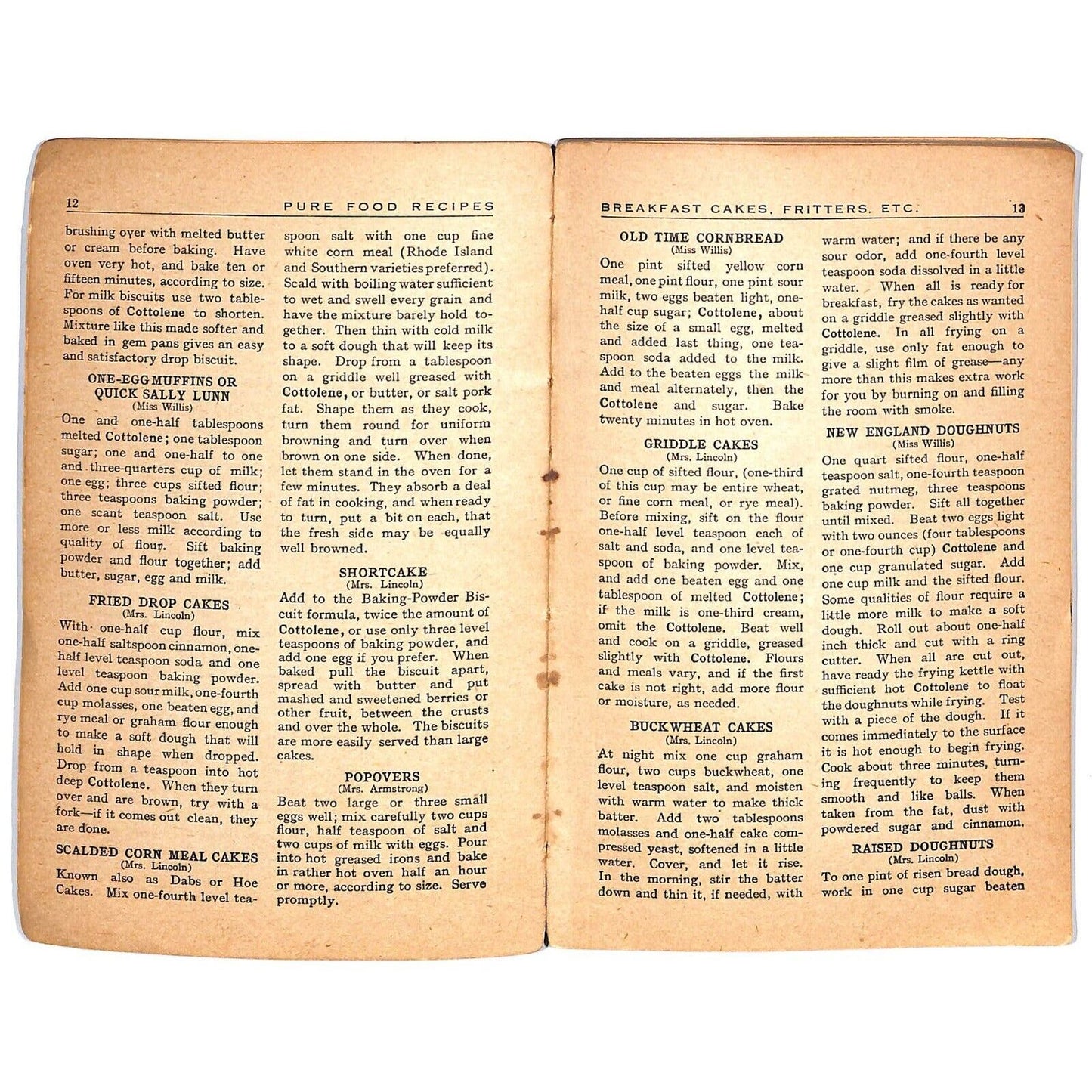 1910 "Home Helps A Pure Food Cook Book" Cottolene Cottonseed Oil 80pp Scarce