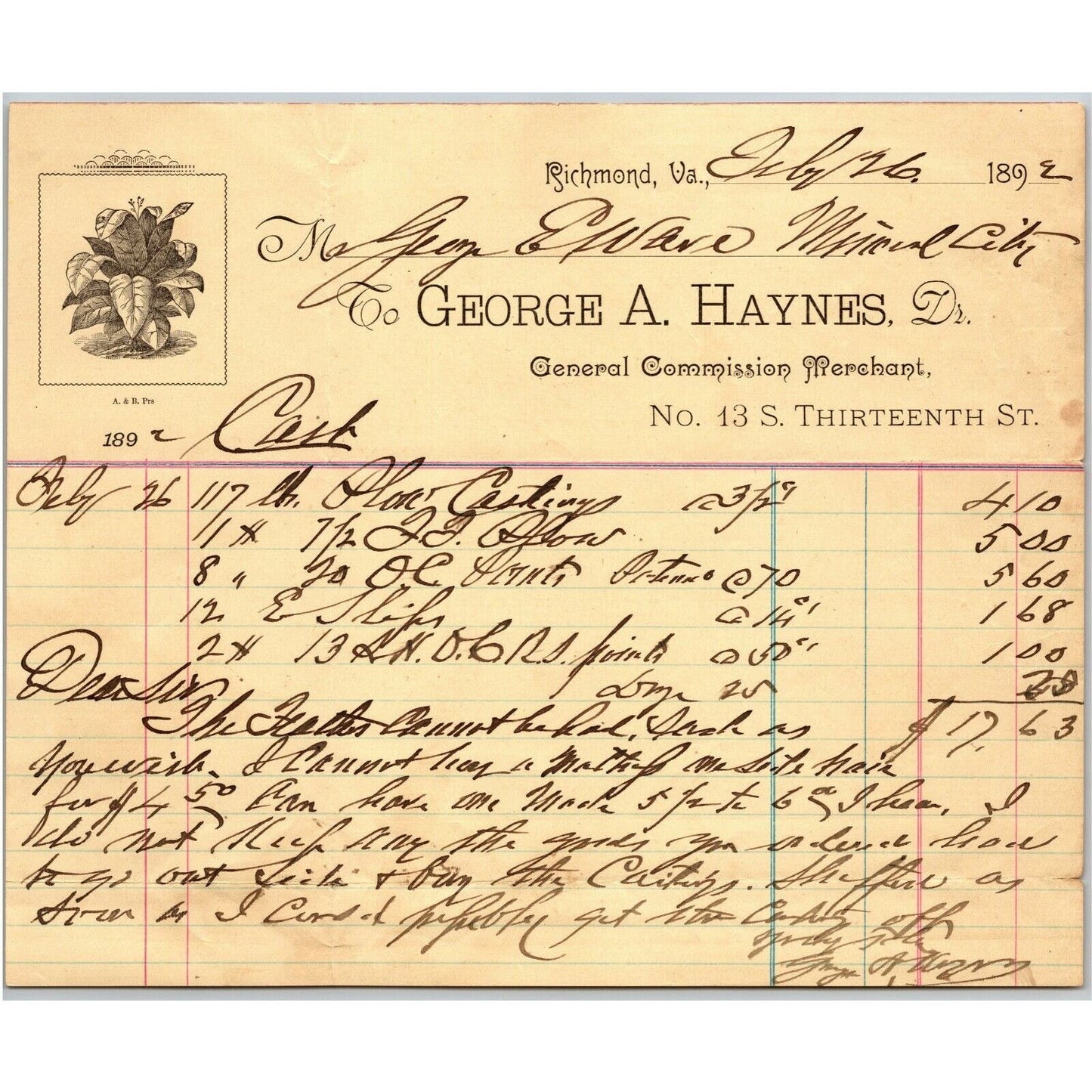 George A. Haynes Merchant Richmond, VA Letterhead to Geo. E. Wear 1892