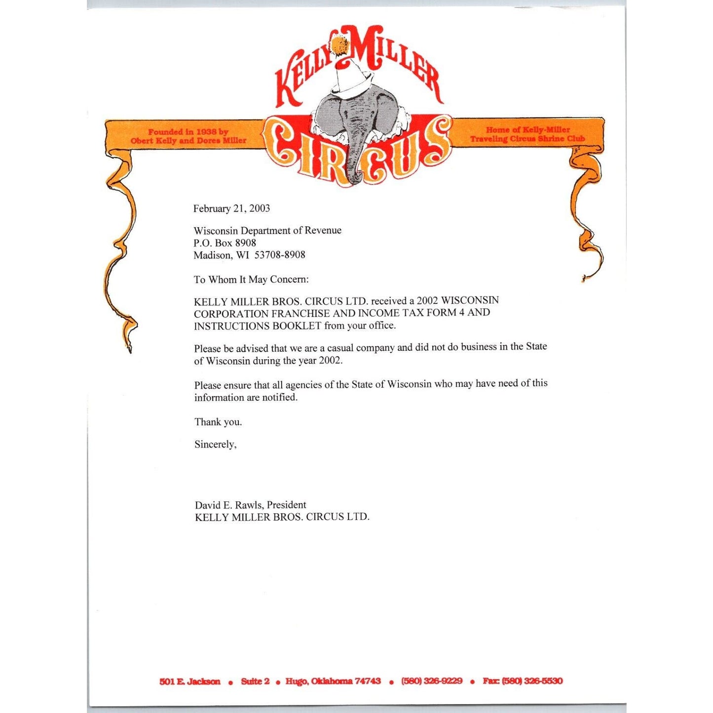 Kelly Miller 3 Ring Circus Letterhead Hugo, OK re: Tax Form 2003