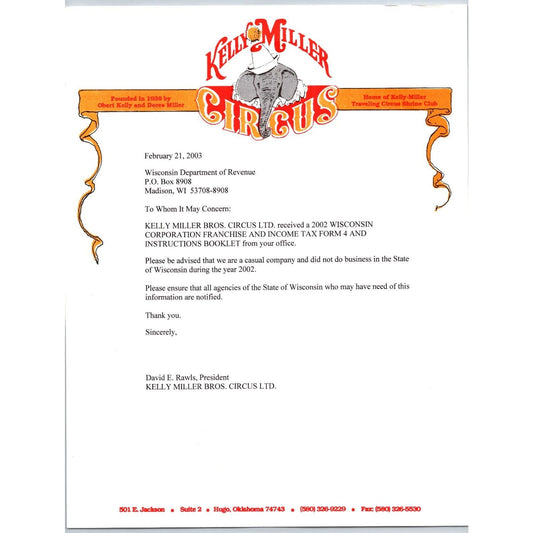 Kelly Miller 3 Ring Circus Letterhead Hugo, OK re: Tax Form 2003