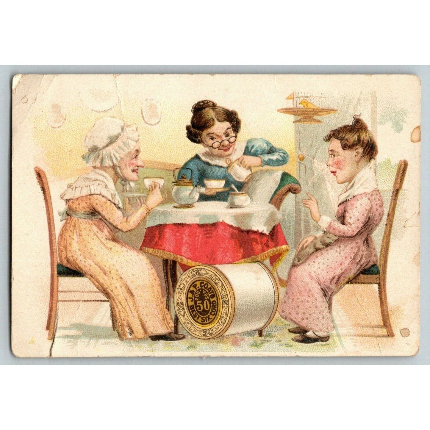 Victorian Trade Card - J & P Coats Thread - 3 Women Having Tea at Table