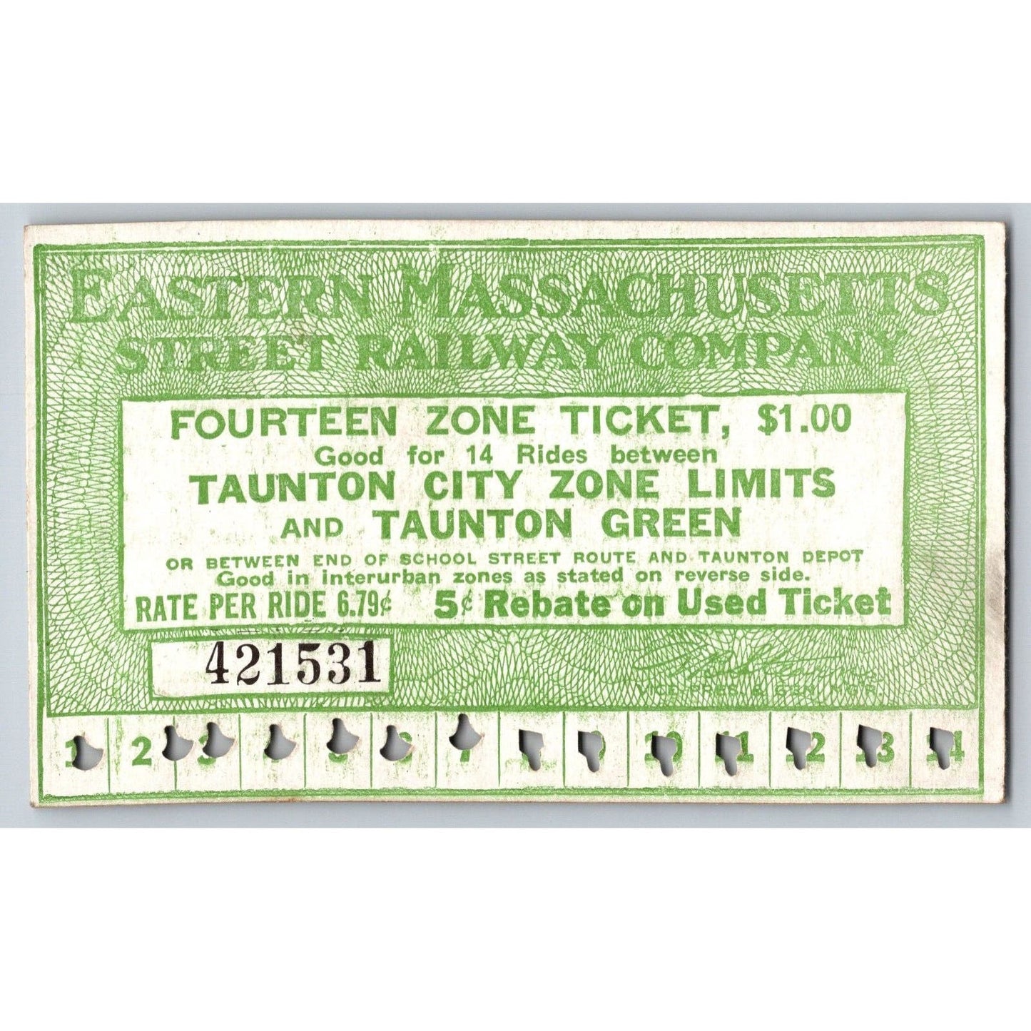 Eastern Massachusetts Street Railway Taunton c1919-33 14 Ride Ticket #421531