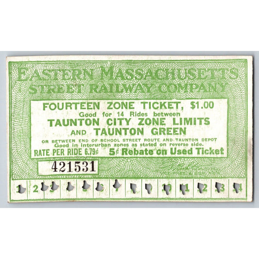 Eastern Massachusetts Street Railway Taunton c1919-33 14 Ride Ticket #421531