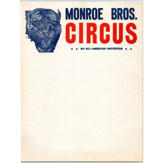 Monroe Bros. Circus Letterhead c1946 "An All American Institution" Tiger