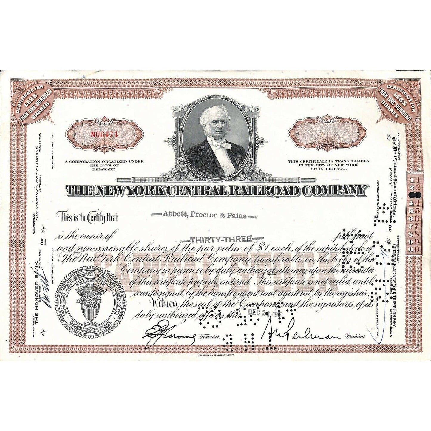 Group of 20 1960's New York Central Railroad Vintage Stock Certificates